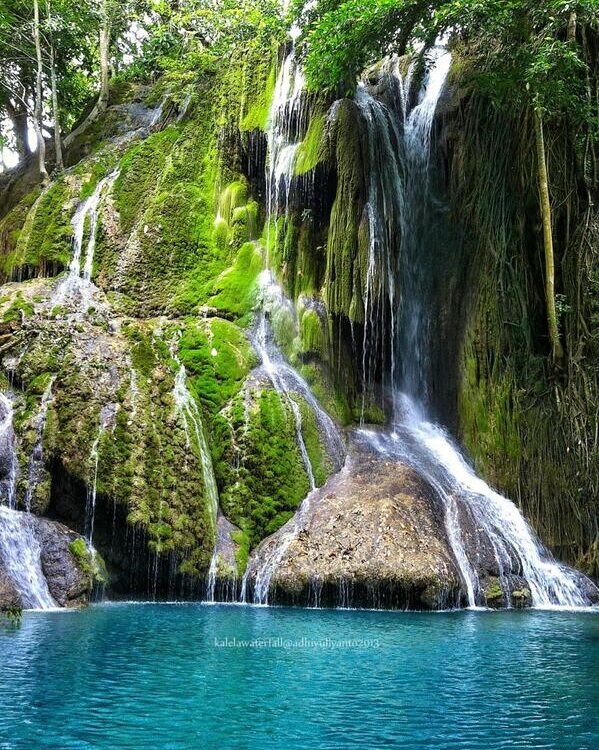 Turquoise pool fed by moss-covered waterfalls in a lush green forest on a sunny day.