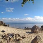 Calm sandy beach with large rocks near the shore and a clear blue sky above the calm sea.