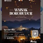 Poster advertising the Waisak Borobudur festival at Borobudur Temple with glowing lanterns and a QR code for more info, night scene.