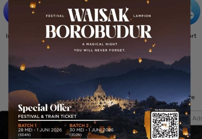 Poster advertising the Waisak Borobudur festival at Borobudur Temple with glowing lanterns and a QR code for more info, night scene.