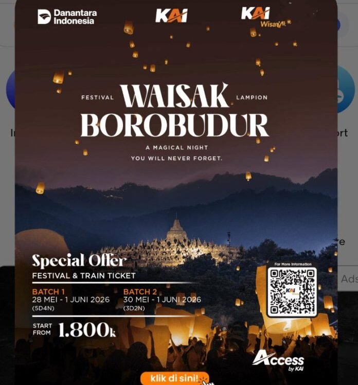 Poster advertising the Waisak Borobudur festival at Borobudur Temple with glowing lanterns and a QR code for more info, night scene.