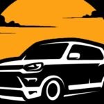 Stylized black and white car silhouette against an orange sun on a black background, like a logo image.