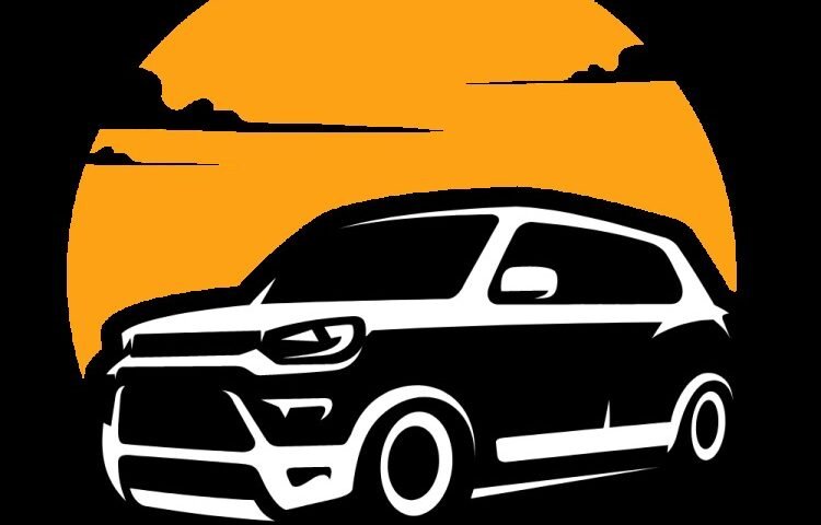 Stylized black and white car silhouette against an orange sun on a black background, like a logo image.