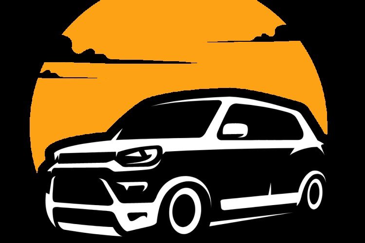 Stylized black and white car silhouette against an orange sun on a black background, like a logo image.