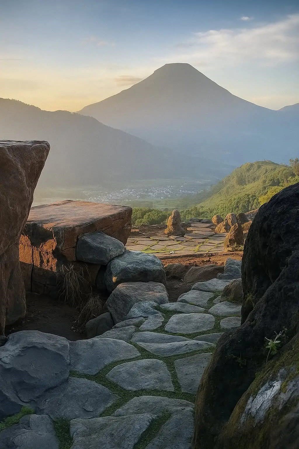 Ketika pagi hari, kabut tipis berpadu dengan cahaya matahari menciptakan pemandangan yang begitu menenangkan.