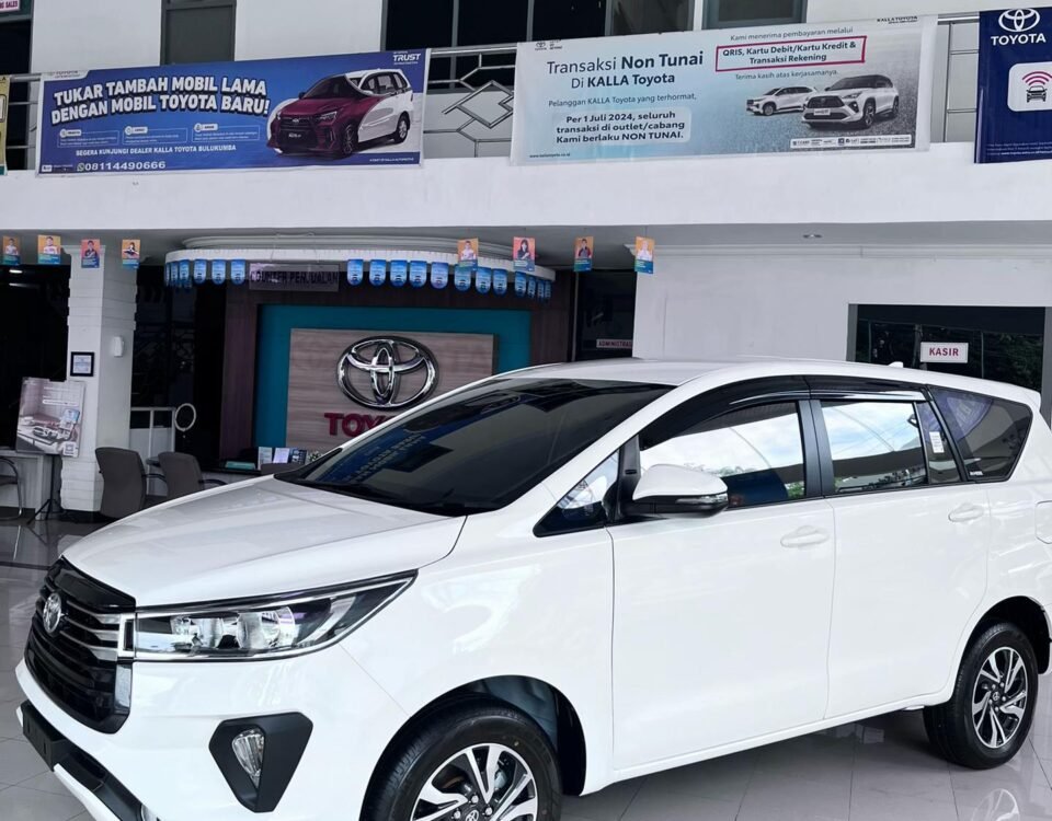 snaptik_7609535208643202312_7_v2 (2) - Dyantransport White Toyota SUV on a glossy showroom floor with promotional banners overhead in a dealership.