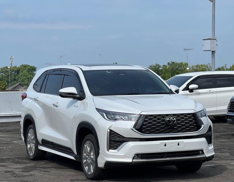 Front three-quarter view of a white Toyota SUV (Highlander) parked in an outdoor lot with other vehicles and blue sky behind it.