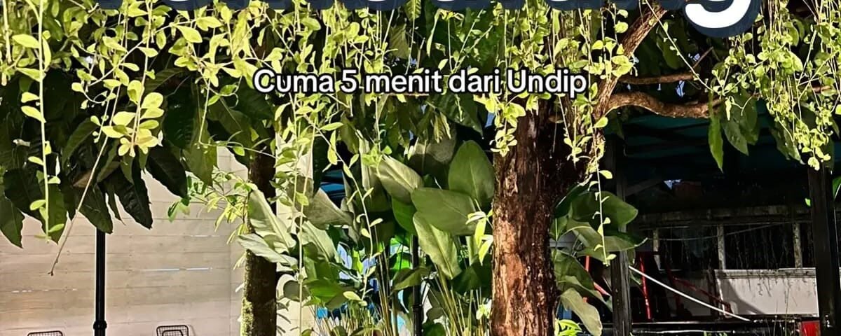 Outdoor cafe setting with hanging greenery and stone seating, overlaid text reads 'Hidden Gem Cafe di Tembalang' and 'Cuma 5 menit dari Undip'