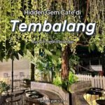 Outdoor cafe setting with hanging greenery and stone seating, overlaid text reads 'Hidden Gem Cafe di Tembalang' and 'Cuma 5 menit dari Undip'