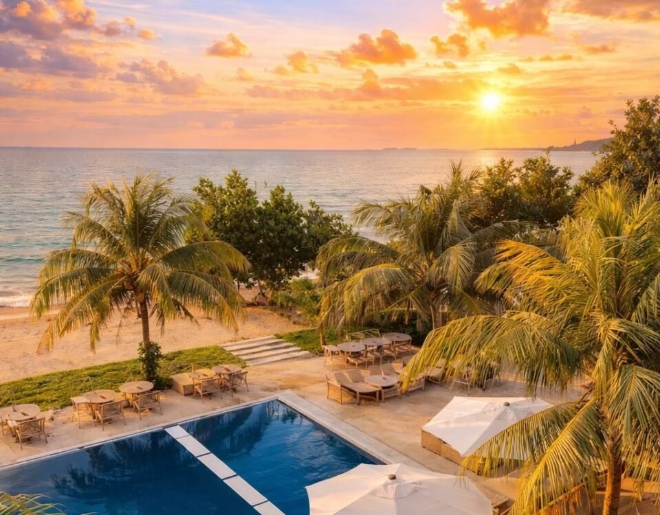 Sunset over the ocean seen from a tropical resort, with palm trees, a blue rectangular pool, and lounge seating nearby.