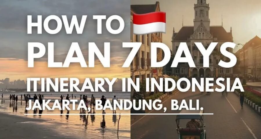Collage promoting a 7-day Indonesia itinerary across Jakarta, Bandung, and Bali with tropical scenes and landmarks.