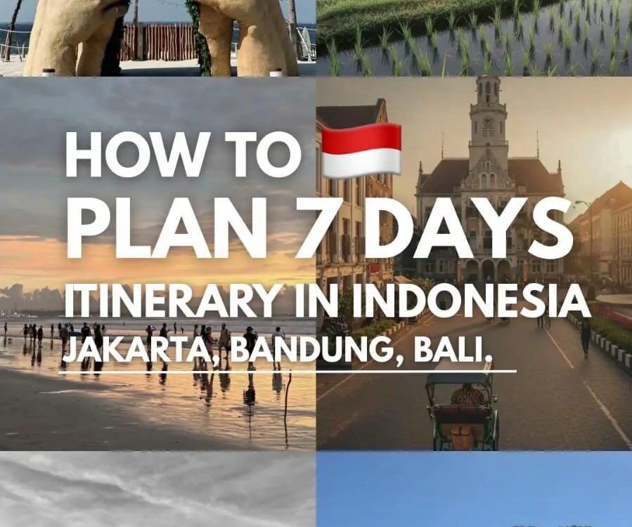 Collage promoting a 7-day Indonesia itinerary across Jakarta, Bandung, and Bali with tropical scenes and landmarks.