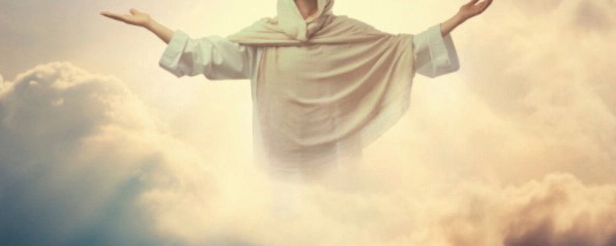 Man in a white robe floats with arms outstretched among sunlit clouds, dramatic sky behind him