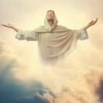 Man in a white robe floats with arms outstretched among sunlit clouds, dramatic sky behind him