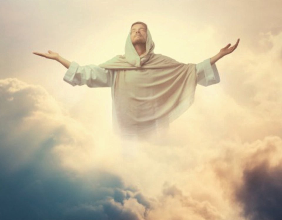 Man in a white robe floats with arms outstretched among sunlit clouds, dramatic sky behind him
