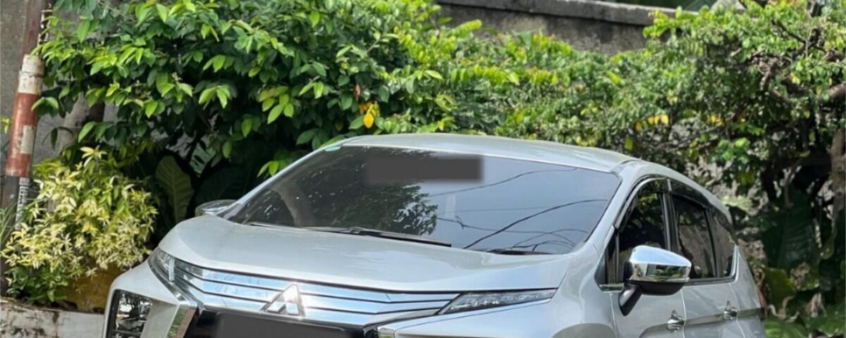 Silver Mitsubishi SUV parked on a street beside lush green tropical plants and a concrete wall.