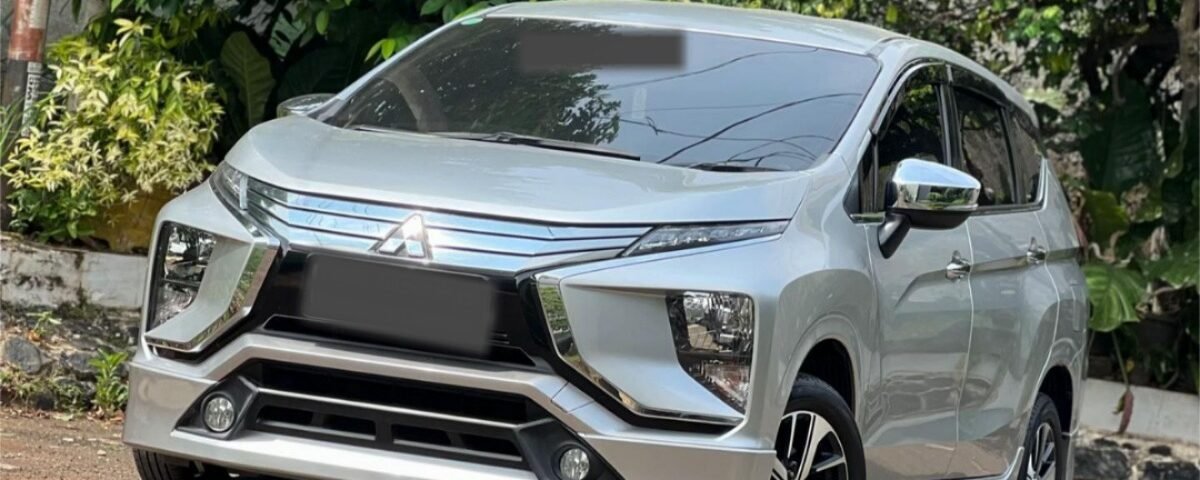 Silver Mitsubishi SUV parked on a street beside lush green tropical plants and a concrete wall.