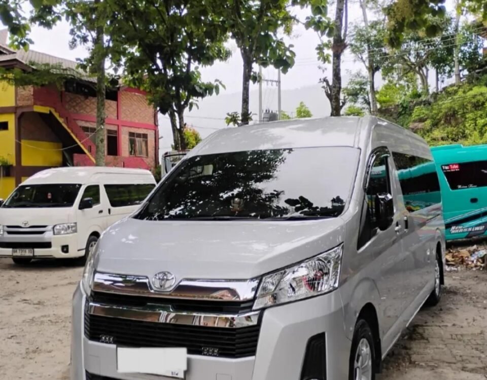 Front three-quarter view of a white Toyota van parked in a lot, with trees overhead and other vans in the background.