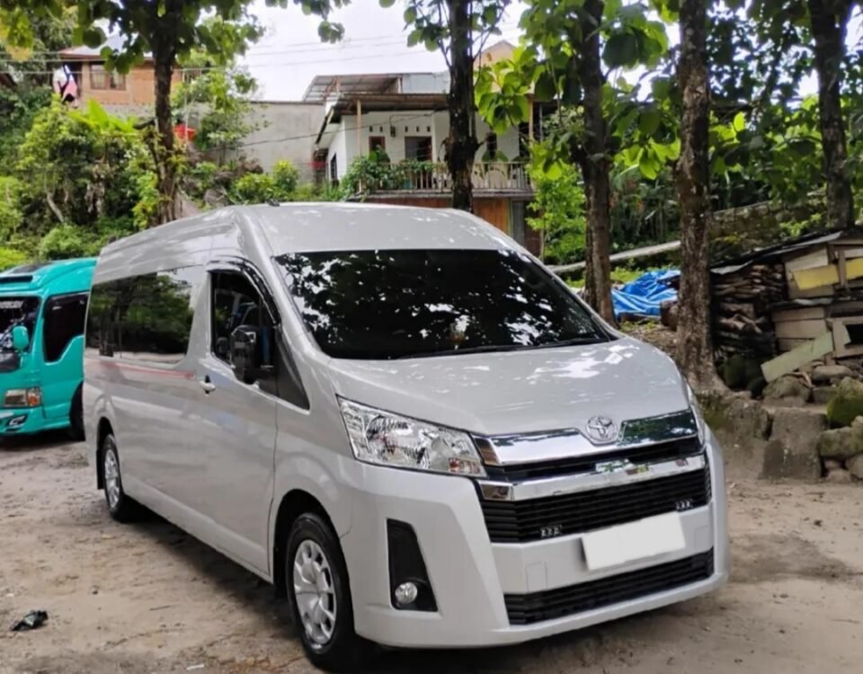 White Toyota van parked on a dirt lot under leafy trees, with a turquoise van and houses in the background.