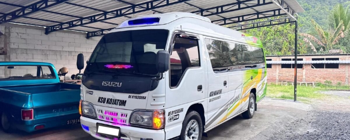 White Isuzu van with colorful green-yellow stripes under a metal carport, parked beside a blue pickup truck.