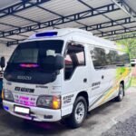 White Isuzu van with colorful green-yellow stripes under a metal carport, parked beside a blue pickup truck.