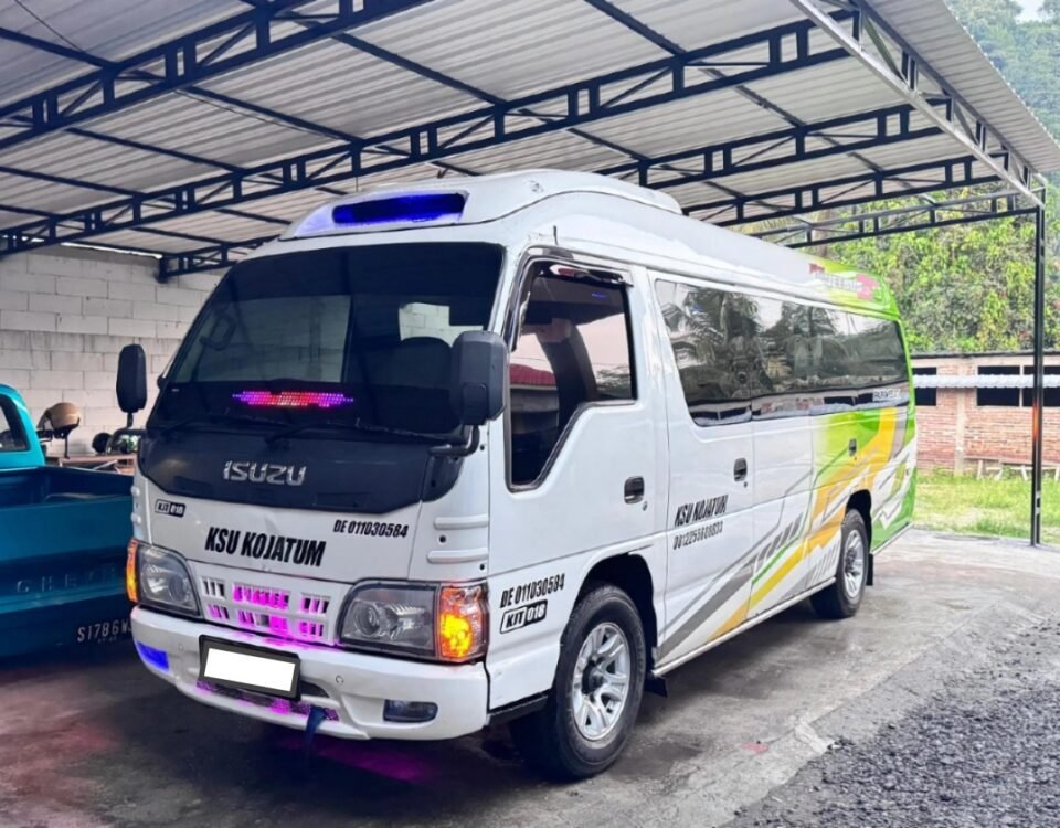 White Isuzu van with colorful green-yellow stripes under a metal carport, parked beside a blue pickup truck.