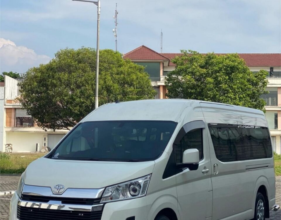 Front-left view of a white Toyota van parked on a brick driveway with trees and a building in the background.