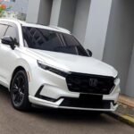 White Honda SUV parked on a street beside a gray building, angled front-side view with black wheels and tinted windows.