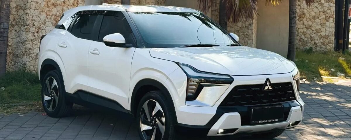 White Mitsubishi SUV parked on a paved driveway with palm trees and a stone wall behind it.