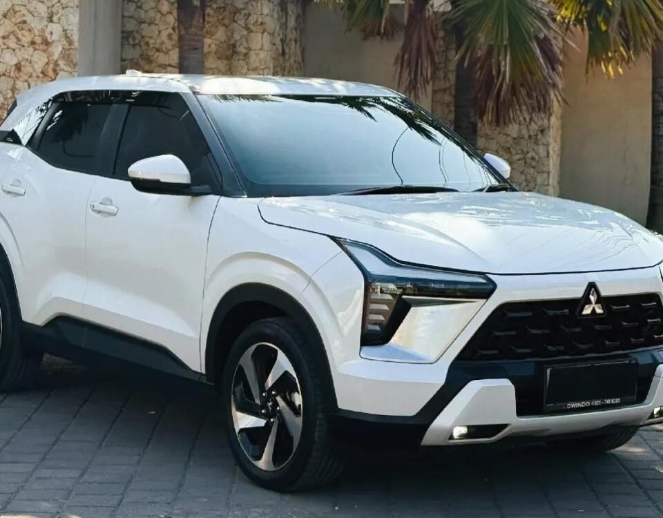 White Mitsubishi SUV parked on a paved driveway with palm trees and a stone wall behind it.
