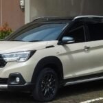 White Suzuki SUV parked in a shaded area beside a brown wall, with plants on the left.