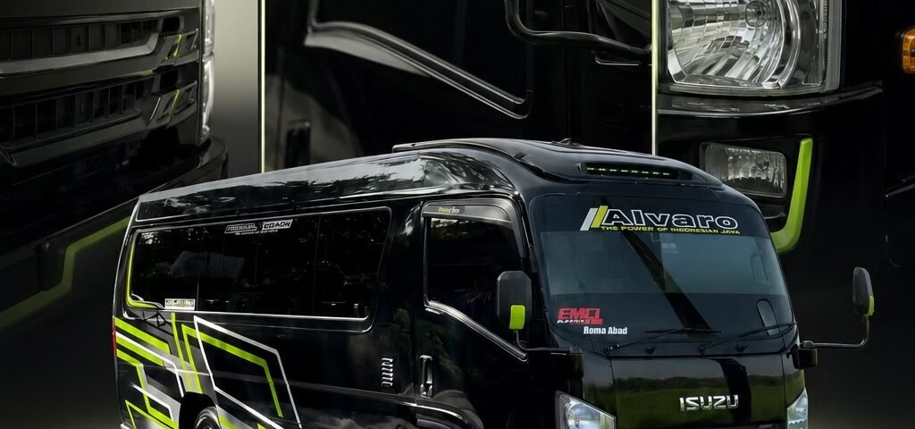 Isuzu Giga NLR promotional poster featuring a black truck with lime-green accents and large 'GIGA NLR' branding, front and side views visible.