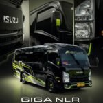 Isuzu Giga NLR promotional poster featuring a black truck with lime-green accents and large 'GIGA NLR' branding, front and side views visible.