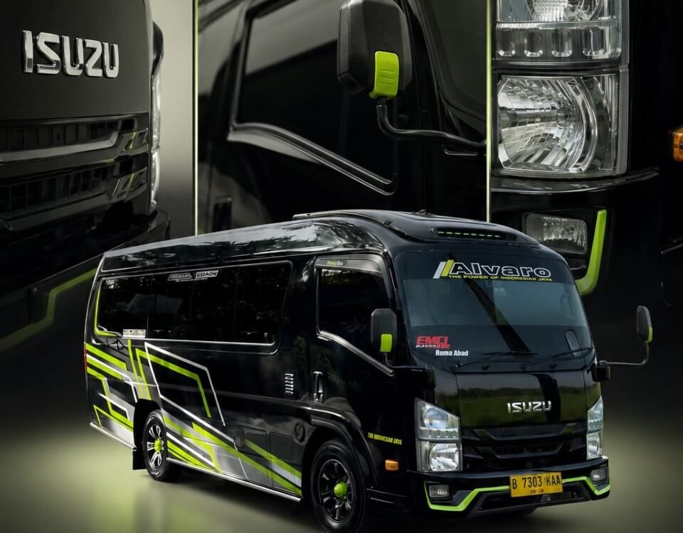 Isuzu Giga NLR promotional poster featuring a black truck with lime-green accents and large 'GIGA NLR' branding, front and side views visible.