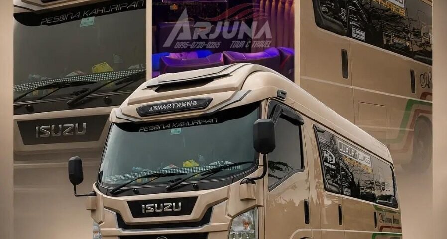 Front view of a beige Isuzu Elf Pariwisata tour bus on a blurred promotional collage background.