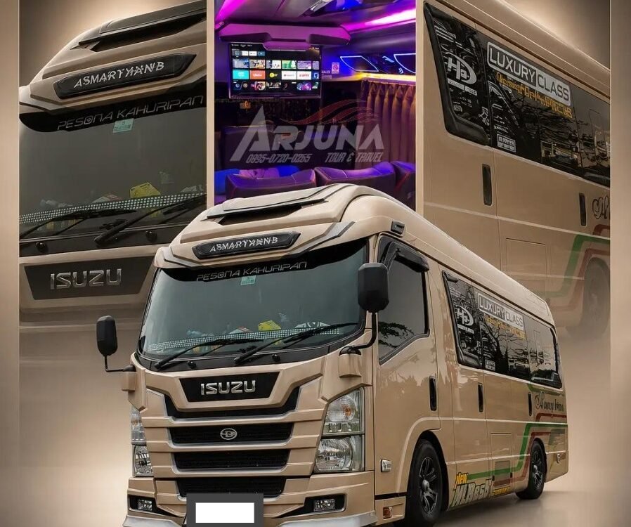Front view of a beige Isuzu Elf Pariwisata tour bus on a blurred promotional collage background.