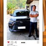Man standing with arms crossed beside a dark Toyota in a parking area; Instagram post by CV Berkah Dyntransport about driver services in Semarang (Safari Camp Family).