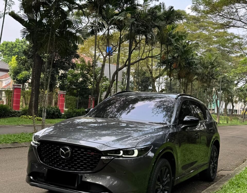 Dark gray Mazda SUV parked on a street beside a row of palm-like trees and greenery in the background.