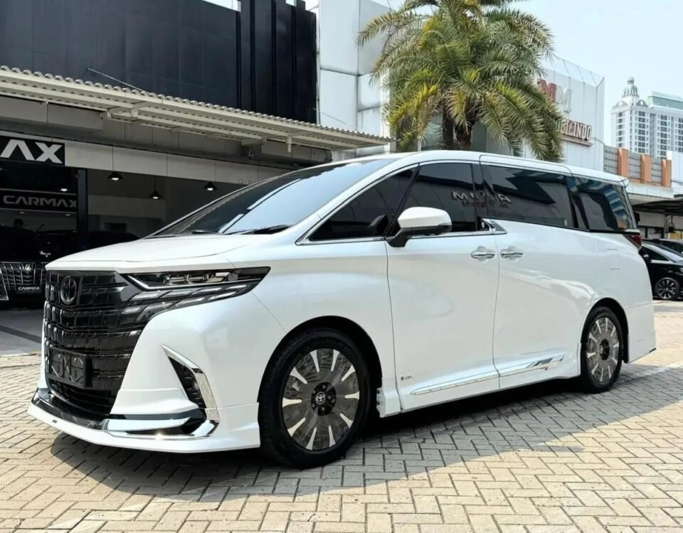 snaptik-app-7647346328464411924-slide-7 - Dyantransport Front three-quarter view of a white luxury minivan with a black grille, parked on a brick driveway in front of a car dealership. Palm trees shade the scene.